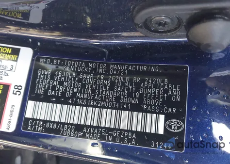 2021 Toyota Camry Xse Awd from USA, damaged, VIN 4T1K61BK2MU034141